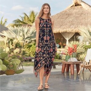 Tolani Rosalind Floral Embroidered Asymmetrical Handkerchief  Hem Dress Small